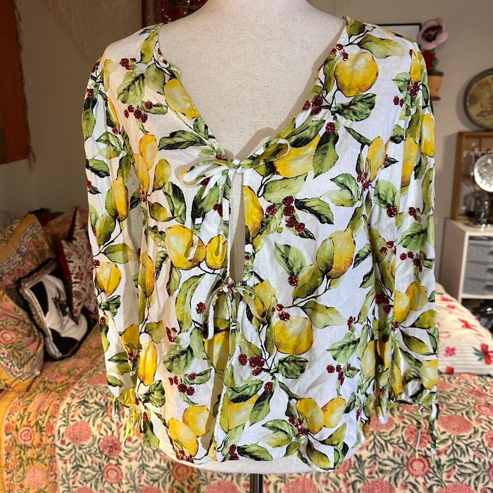 Marc New York Lemon Linen Blend Tie-Detail Blouse